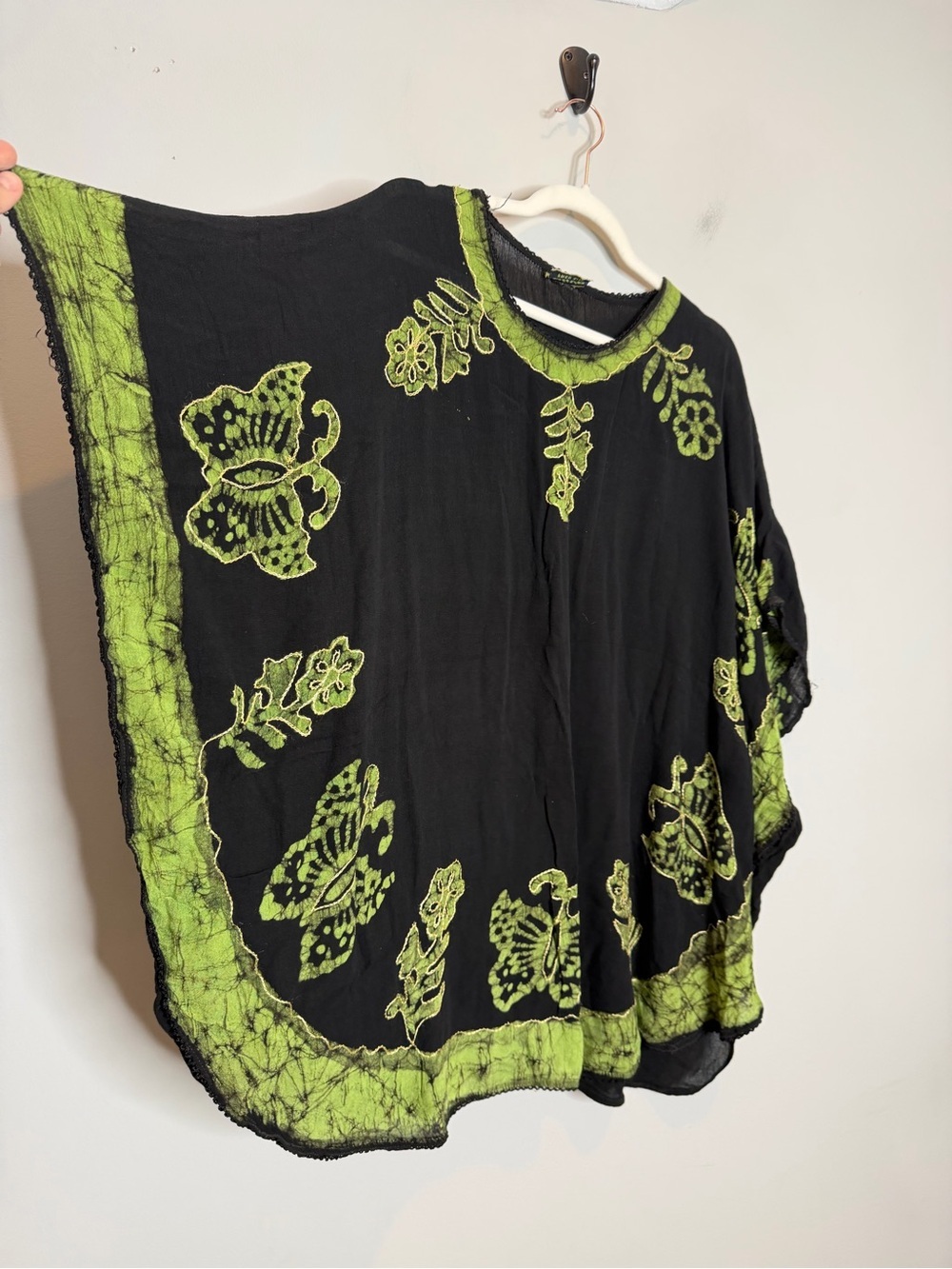 Olive Batik Butterfly Tunic Top Free Size Black Green Boho Caftan Poncho